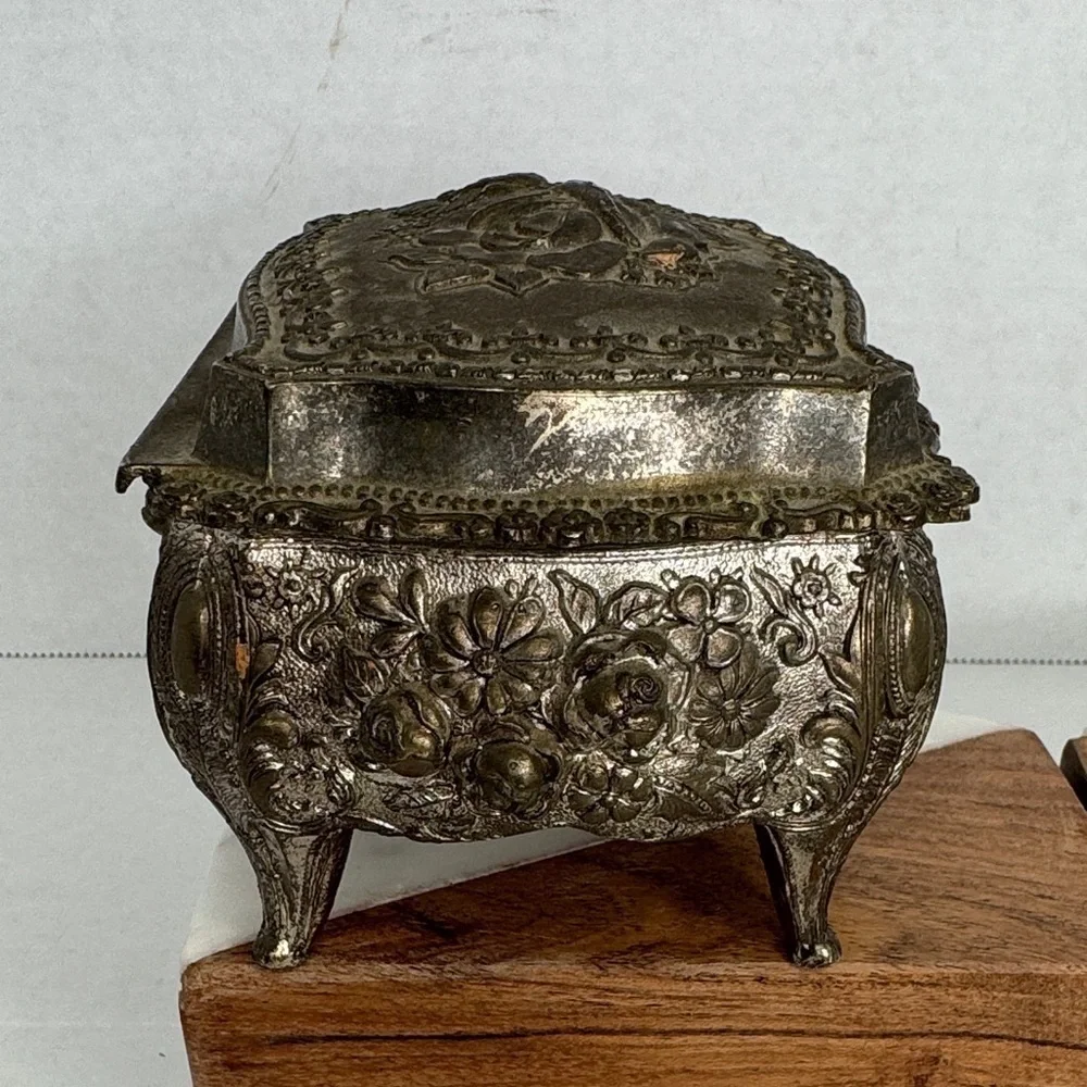 Vintage Ornate Rococo Silver Jewelry Casket with Red Lining